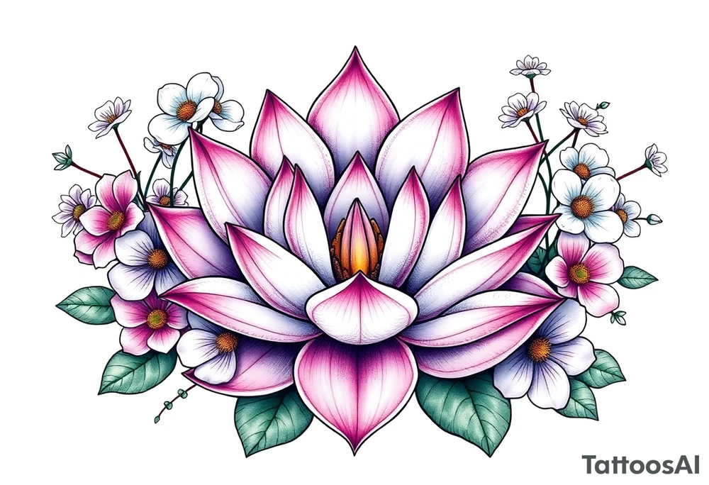 Lotus flower surrounded by forget me nots and peonies tattoo idea