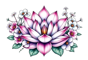 Lotus flower surrounded by forget me nots and peonies tattoo idea
