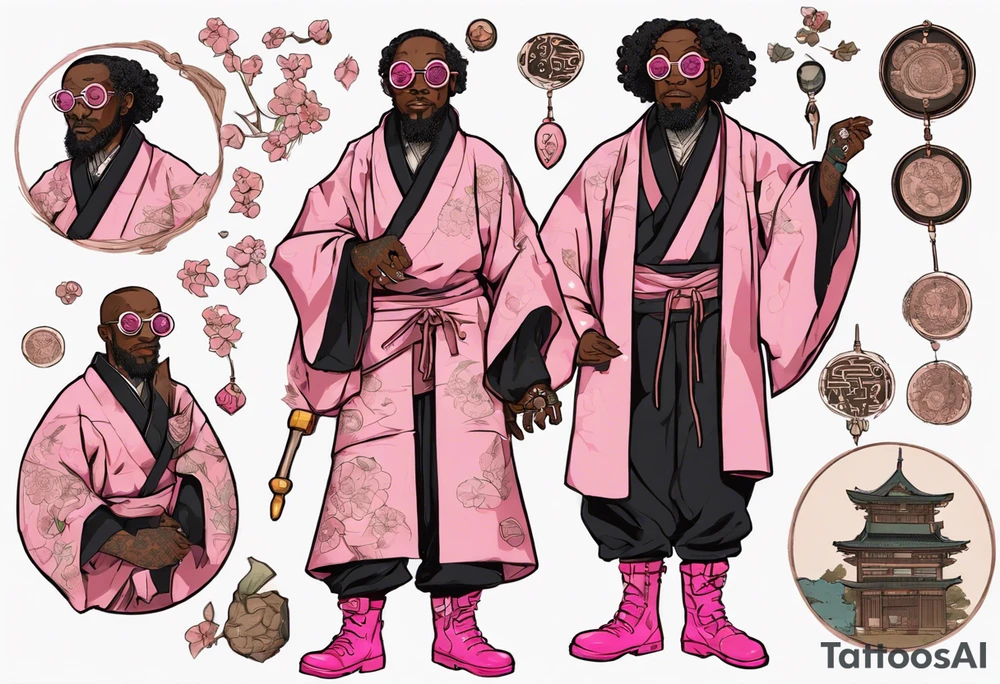 a medieval black man wearing round glasses, wearing pink boots, wearing a black tunic tattoo idea