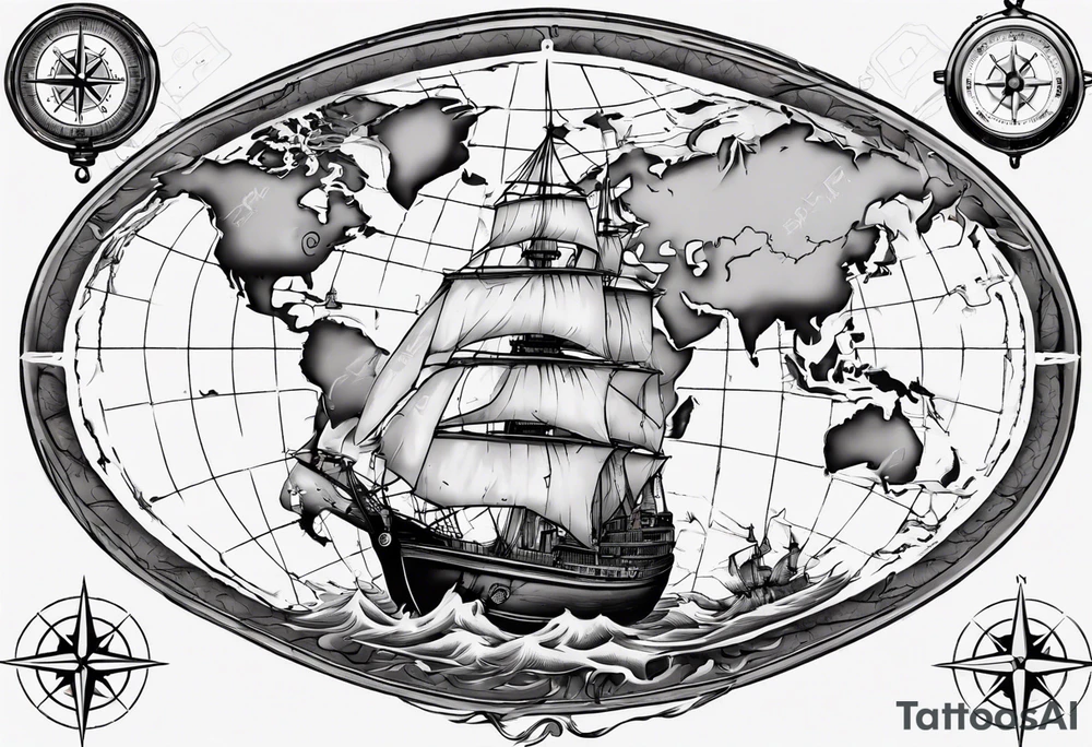 World map with a ship and compass tattoo idea
