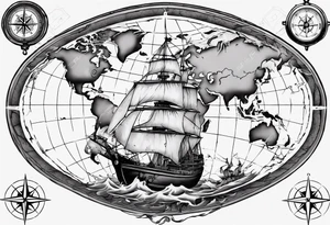 World map with a ship and compass tattoo idea