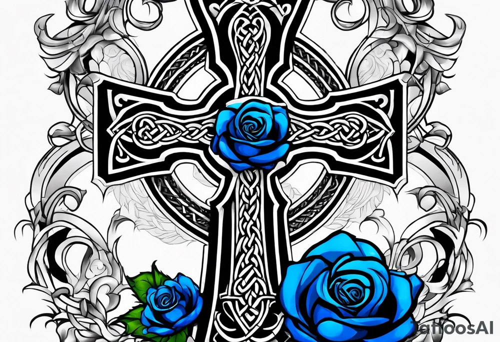 Celtic cross impaled by a blue rose tattoo idea