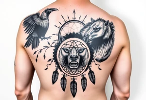 Native American 3/4 sleeve with black and grey realism featuring a raven, wild horses, a grizzly with scars over his eyes, and a dream catcher tattoo idea