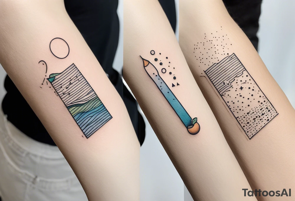 a simple line of icons down the back of the arm. there are four icons: 
1. a music note on a staff
2. a wave of water
3. a pocket
4. mushroom

each icon is half an inch big and they're all separated by small dots. there is a lot of blank space tattoo idea