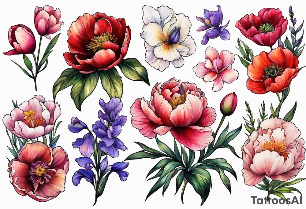 Peony iris cosmos poppy and gladiolus flowers tattoo idea