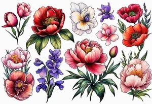 Peony iris cosmos poppy and gladiolus flowers tattoo idea