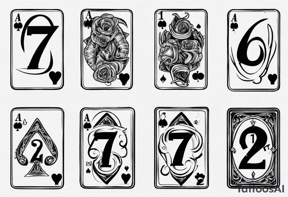 Number 7 and number 2 stacked poker card, most outward facing card has a small gravestone on it tattoo idea