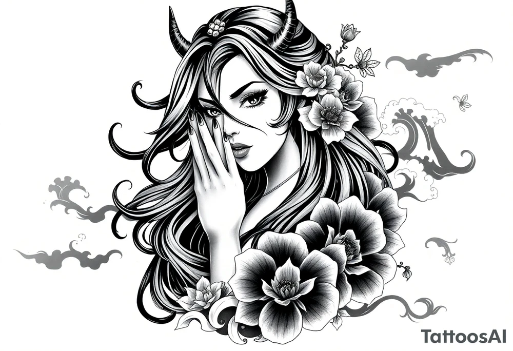 Prompt:

Full sleeve Japanese-inspired tattoo design featuring a beautiful female oni (demon woman) with an elegant, mysterious expression, one hand partially covering her face, long flowing hair integrated into swirling wind and wave patterns, large detailed chrysanthemums and peonies woven through the composition, dynamic negative space with bold black fills and smooth gradients, traditional Japanese cloud and water motifs, high-contrast black and grey with soft shading and sharp linework, balanced composition wrapping around the arm, modern neo-Japanese illustrative style.

Style tags:
– High contrast black and grey
– Neo-Japanese tattoo
– Traditional Japanese motifs
– Sleeve layout design
– Chrysanthemums, peonies, wind bars, waves
– Female oni portrait tattoo idea
