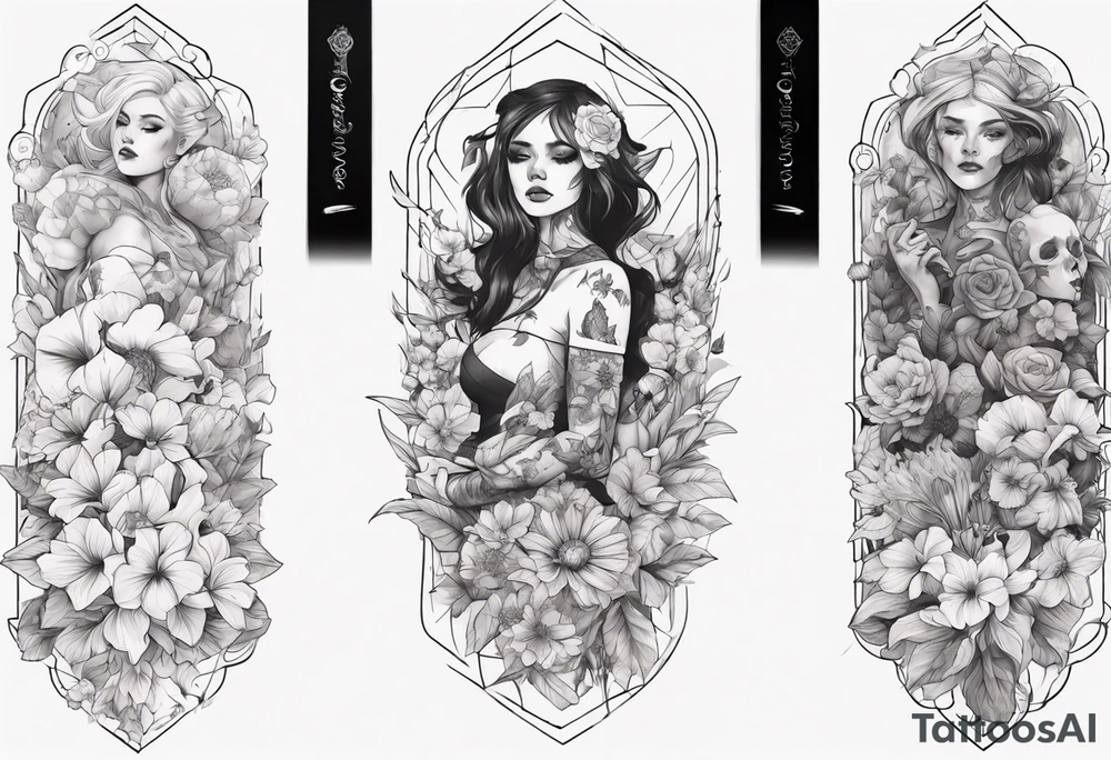 sleeve with many flowers around it and a dark elf girl tattoo idea