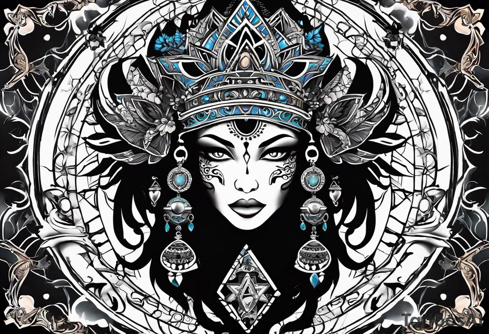 kali ma, alien goddess, valkrye, aries, cosmic pirate, divine feminine, zenza resonance, pachamama, lotus azul, blank panther, eagle, skull, 5D, nueva gaya, dna 12, left side chest tatoo tattoo idea