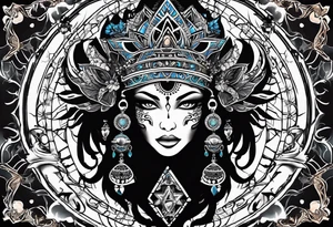 kali ma, alien goddess, valkrye, aries, cosmic pirate, divine feminine, zenza resonance, pachamama, lotus azul, blank panther, eagle, skull, 5D, nueva gaya, dna 12, left side chest tatoo tattoo idea