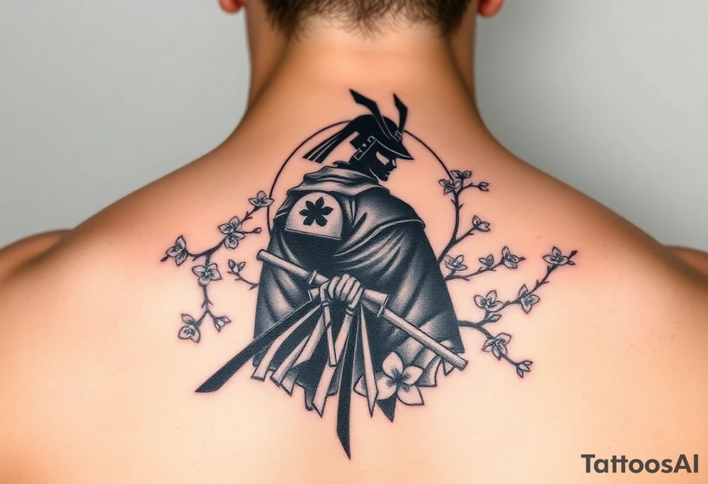 noble samurai warrior silhouette at sunset with cherry blossoms tattoo idea