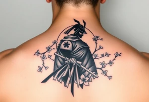 noble samurai warrior silhouette at sunset with cherry blossoms tattoo idea