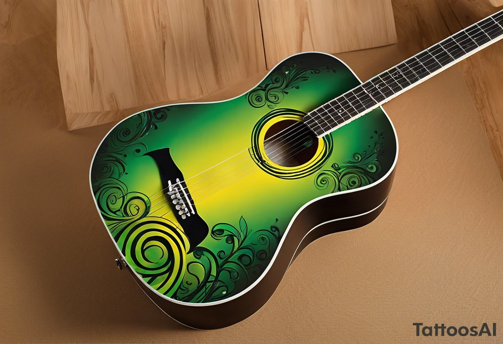 A reggae-inspired acoustic guitar with swirling lines of music notes and stars. Within the swirls, subtle shapes of a tall figure, a short figure, and a rooftop emerge—almost like hidden elements.
Add an abstract sun or moon to represent the tropical vibe of Curaçao evenings.
Use reggae colors (green, yellow, red) sparingly for accents. tattoo idea