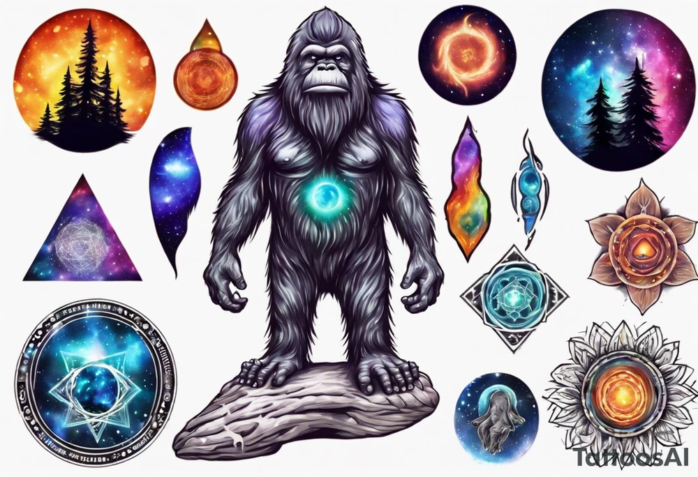 Big foot with chakra spiritual galaxy above his head tattoo idea