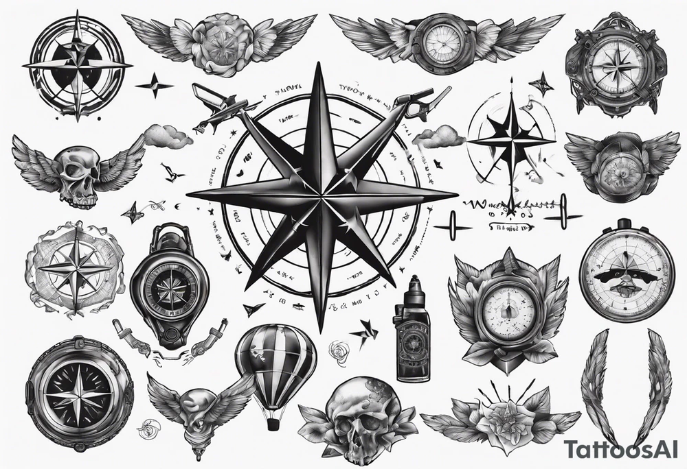 wonderlust with compass and skydiving and guns tattoo idea