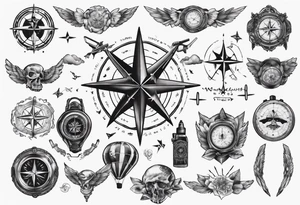 wonderlust with compass and skydiving and guns tattoo idea