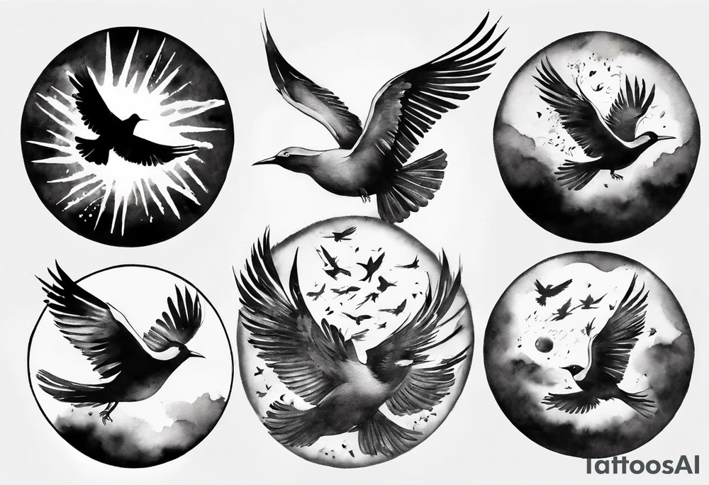 shoulder tattoo with light rays with birds flying free among the clouds, round shape, 3d effect tattoo idea