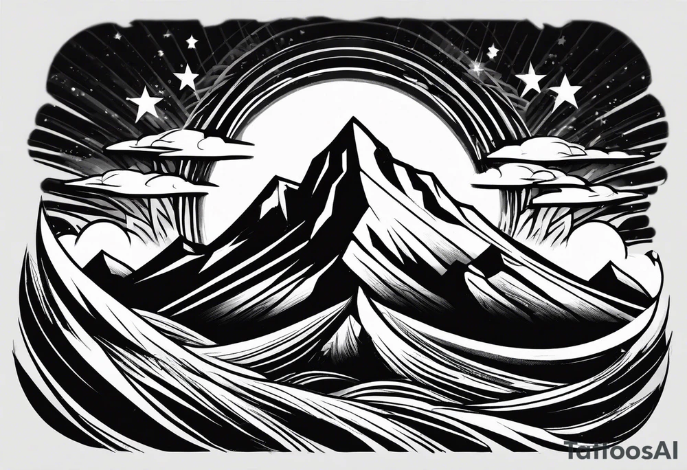 Mountain Peak, waves, two littel coloured stars tattoo idea