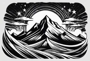 Mountain Peak, waves, two littel coloured stars tattoo idea