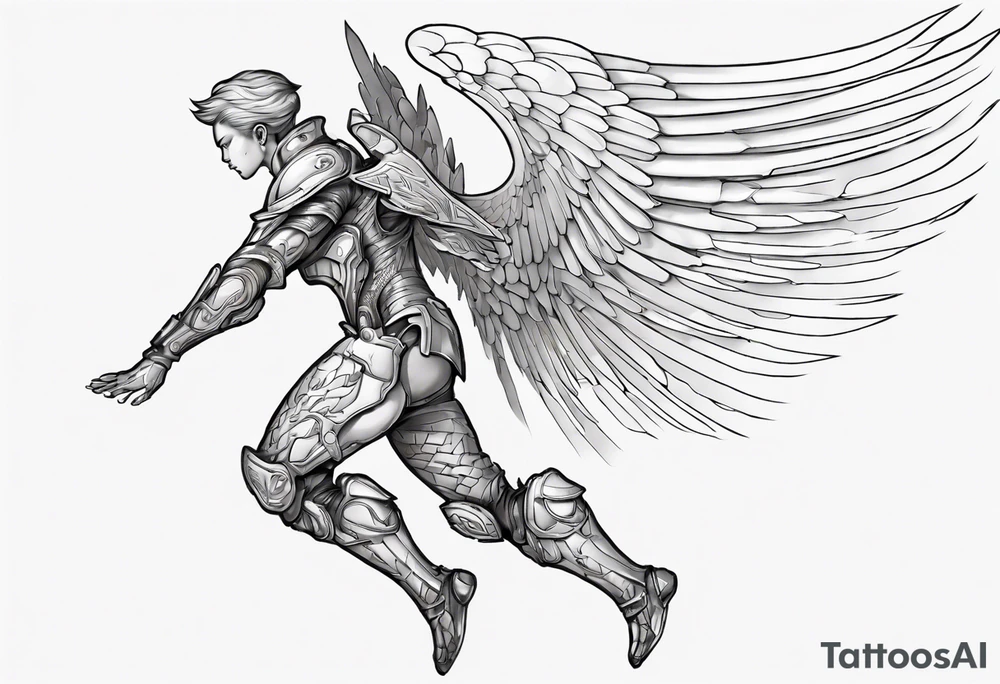 Side view of a lite angel wearing inorganic armor that is in mid-air ready to attack tattoo idea