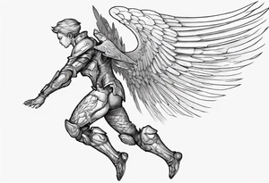 Side view of a lite angel wearing inorganic armor that is in mid-air ready to attack tattoo idea