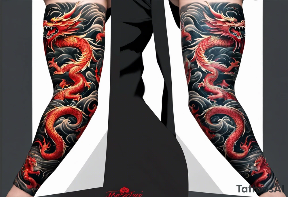 dragon irezumi arm sleeve in black and red with water and lightning tattoo idea