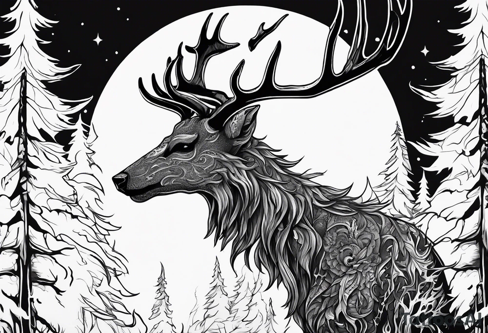 A spooky rotting bone lore accurate wendigo side profile surrounded by a forest fire in background tattoo idea