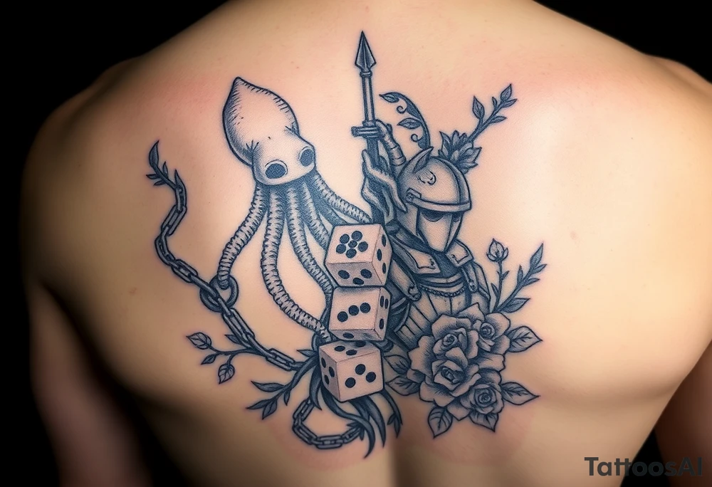 Squid and knight combined with chains, tree roots, cherry blossoms and roses rolling dice tattoo idea