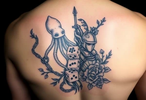 Squid and knight combined with chains, tree roots, cherry blossoms and roses rolling dice tattoo idea