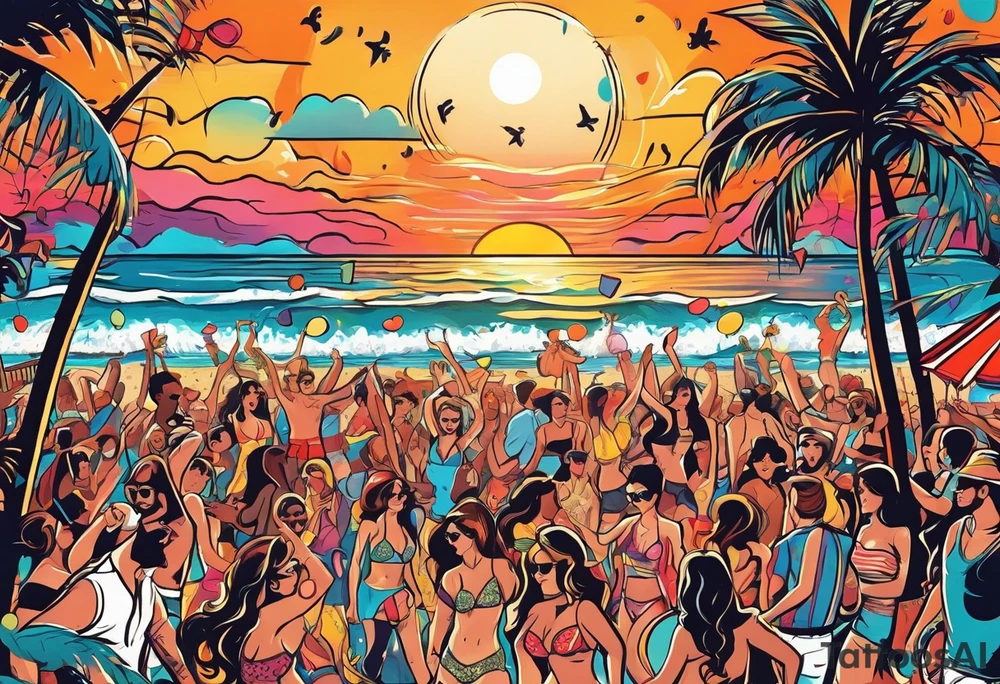 1960'S BEACH DANCE PARTY 
party, include confetti, music notes, 
, bikinis sunset in the center tattoo idea