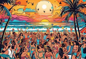 1960'S BEACH DANCE PARTY 
party, include confetti, music notes, 
, bikinis sunset in the center tattoo idea