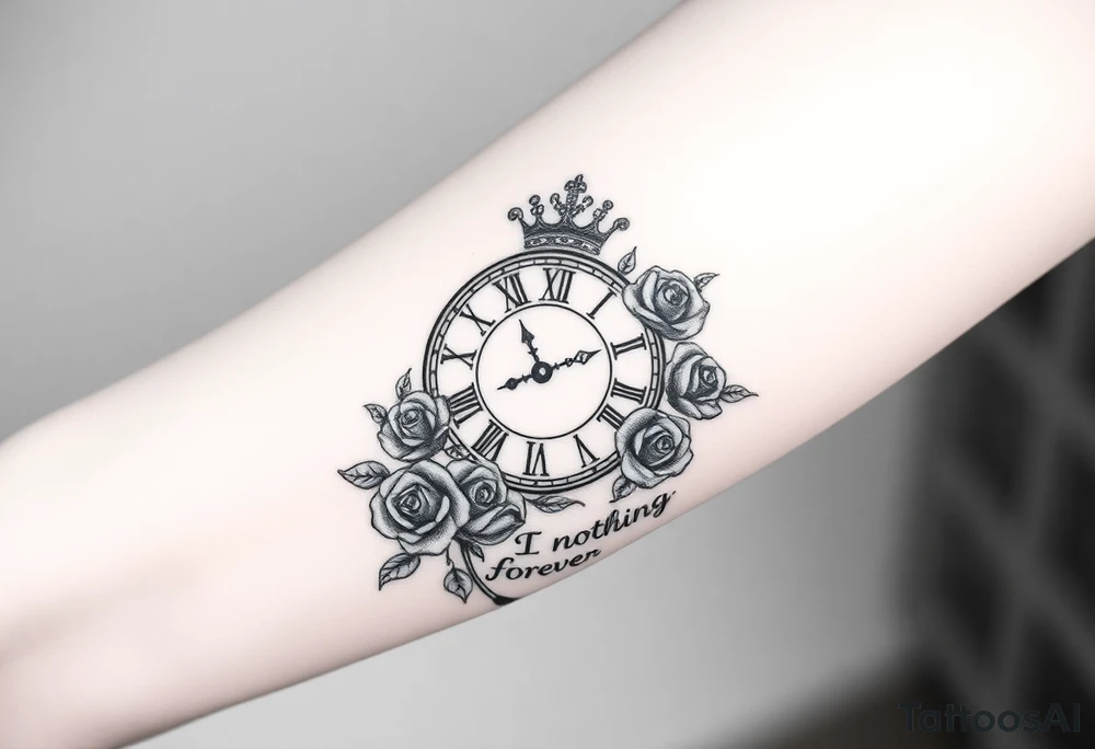 Roman clock with a crown, surrounded by 3 roses and a quote that says nothings forever tattoo idea