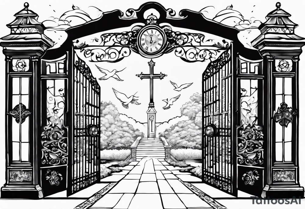 Written:
Mawmaw
07-05-38 / 09-23-24
Grandson and grandma walking up to the gates of heaven with the gates opened shinning bright with a cross and Doves flying around 
Big Busted clock behind it with the time of her death 7:00pm tattoo idea