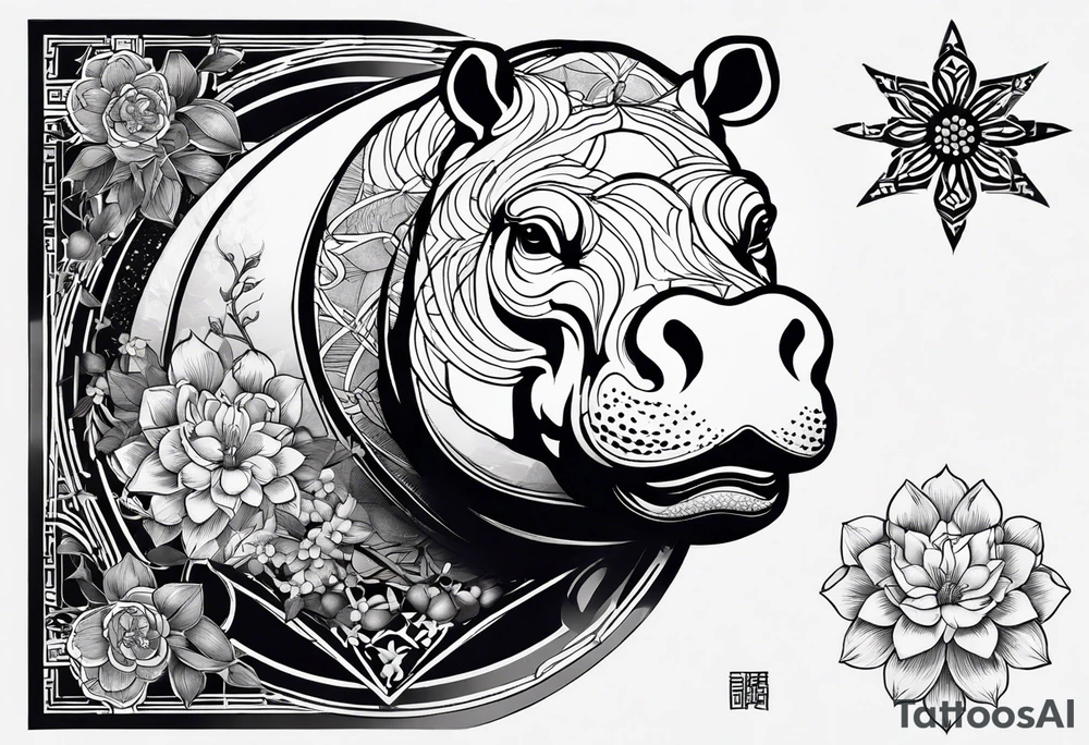 Very asymmetrical, +geometric pattern, with realistic full moon, with seeious looking hippo, +zen feel, + Buddhism touch,
with wintersweet flower bud, +portrait orientation, +inkart touch, tattoo idea