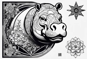 Very asymmetrical, +geometric pattern, with realistic full moon, with seeious looking hippo, +zen feel, + Buddhism touch,
with wintersweet flower bud, +portrait orientation, +inkart touch, tattoo idea