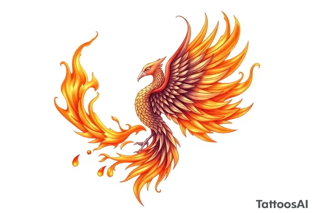 magnificent phoenix rising from golden flames with trailing embers tattoo idea