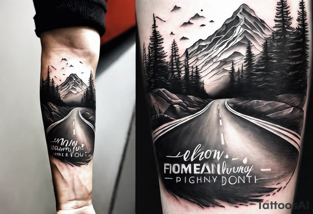 road into mountain on forearm with quote my road, my journey tattoo idea