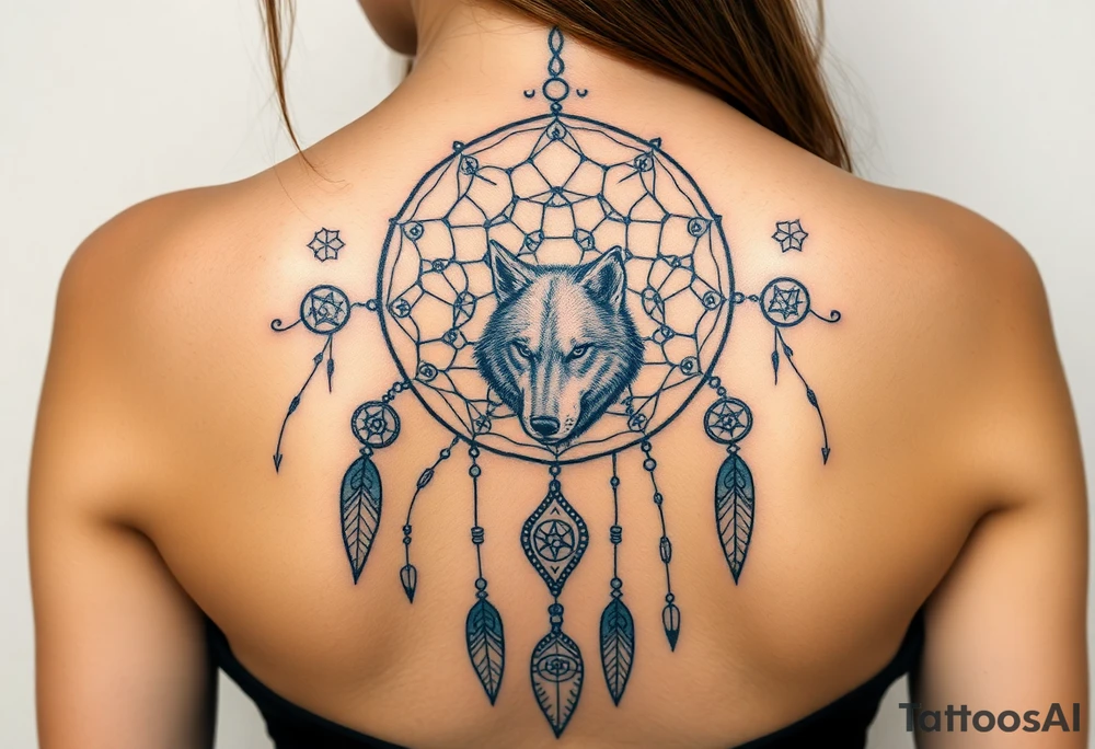 Dreamcatcher with zodiac symbols and protection runes caught in it with wolf teal tattoo idea