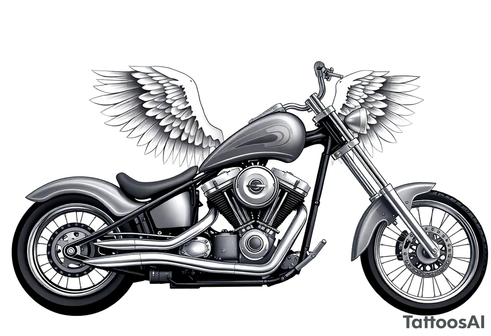 Low rider grey motorcycle, flames, angel wings tattoo idea