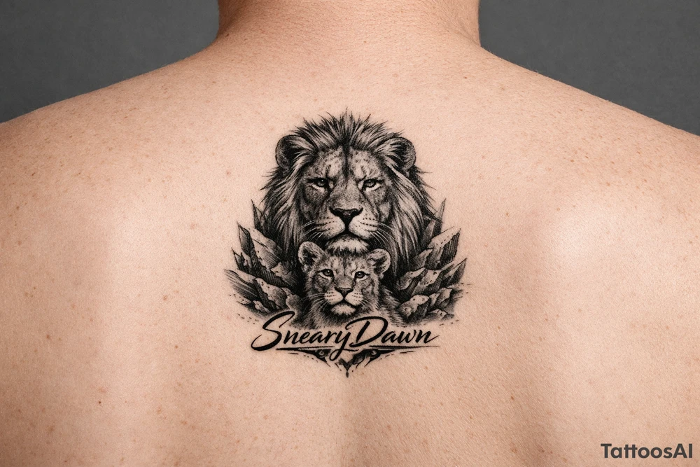 Big lion with smaller lion with saying of SnearyDawn tattoo idea