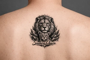 Big lion with smaller lion with saying of SnearyDawn tattoo idea