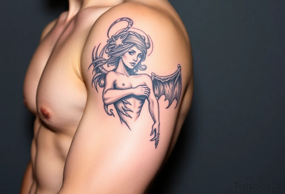 beautiful naked woman Who is half a angel and half demon tattoo idea