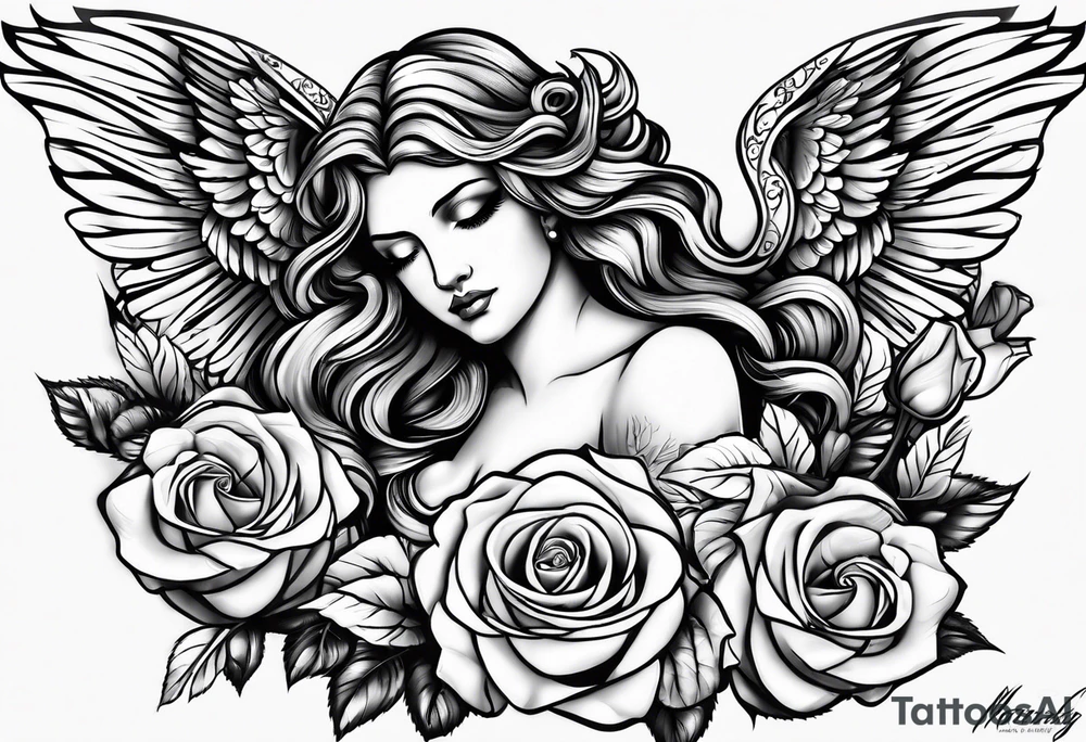 Angel, roses, name MARTINA tattoo idea