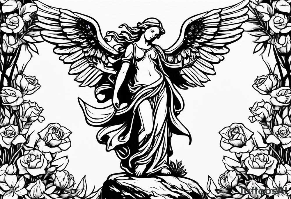 Simple Angel statue stood on a rock with daffodils and roses wrapped around its legs tattoo idea