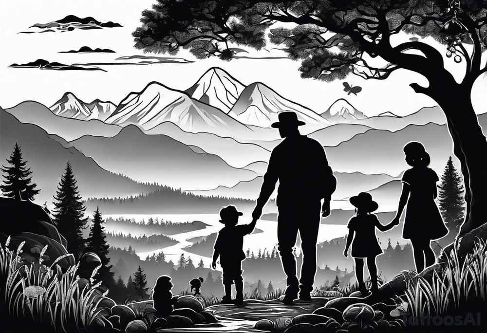 Family silhouette father, mother, son, 2 daughters foraging mushrooms with mountains and creek in background tattoo idea