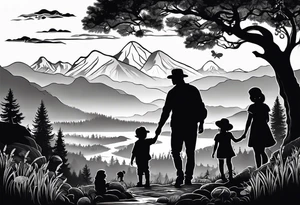 Family silhouette father, mother, son, 2 daughters foraging mushrooms with mountains and creek in background tattoo idea
