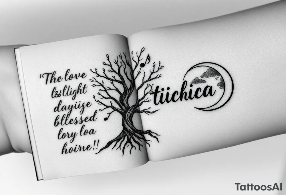 I want an open book and scripted on the left side of the pages and love and light blessed be on the right side of the pages the name tichica with the tree of life growing through the pages music notes dancing around it a crescent moon on the right side with a starry night background and dark clouds tattoo idea