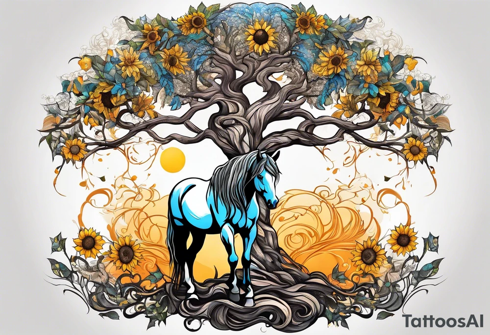 Yggdrasil tree, horse, sunflower tattoo idea