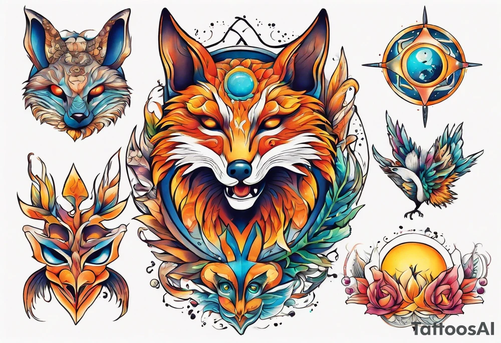 fisch, fuchs und eule , symetrie  sonne, universum, bunt tattoo idea